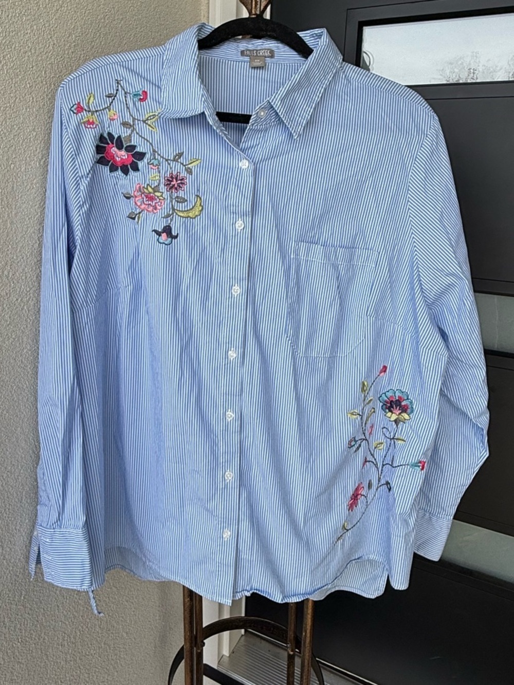 Cabin Creek Fall Button Up Cottage Core Blue Stripe Denim Collar  embroidery 3X